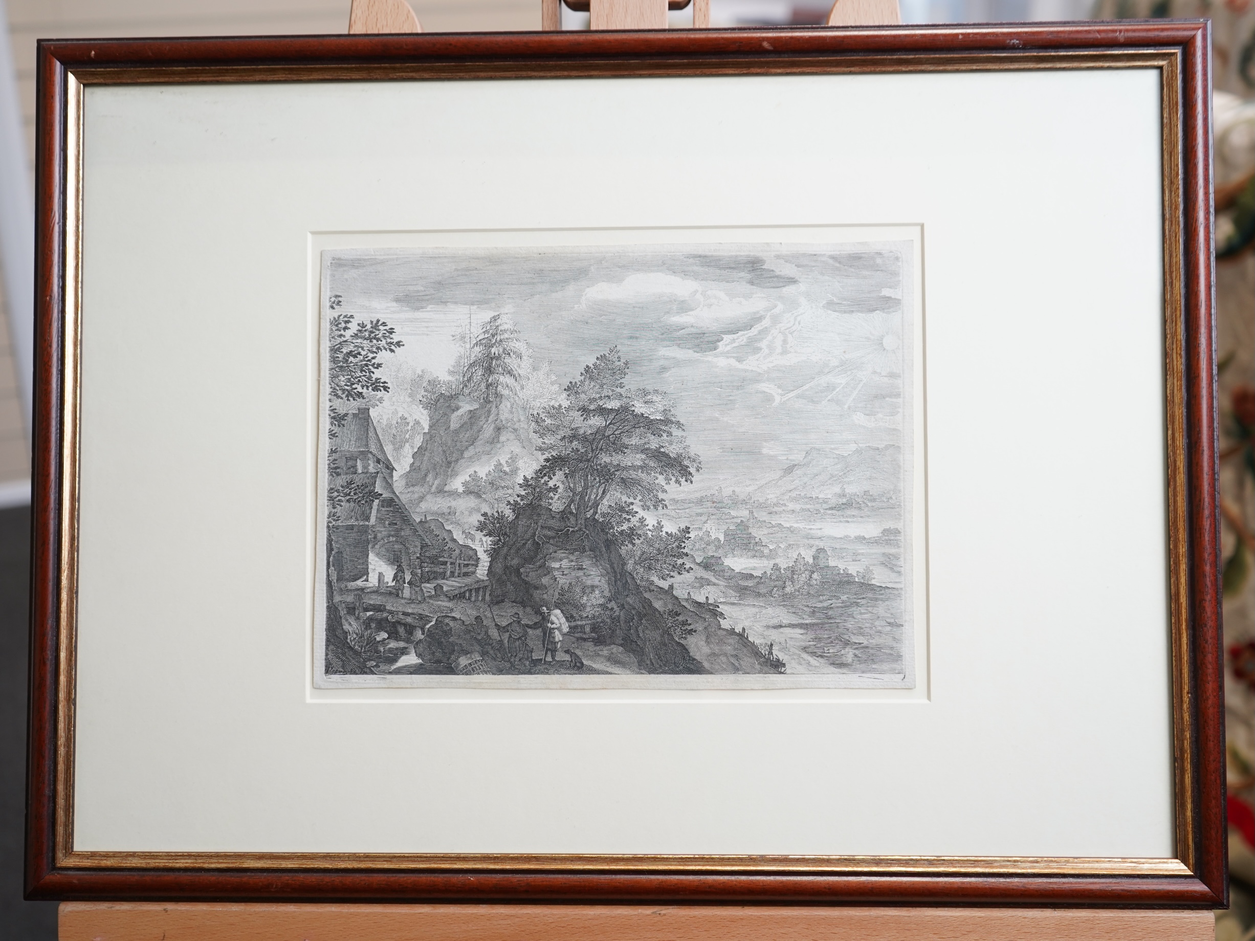 After Aegidius Sadeler the Elder, Flemish 1570–1629, 'River Landscape with Farmhouse and Pilgrims'